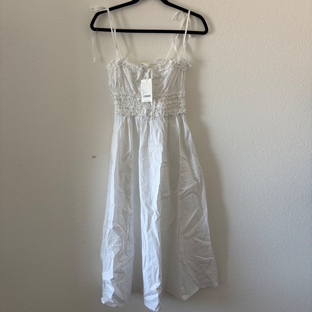 Oak + Fort Smocked Crochet Trim Midi Dress Womens XS White Tie Strap Pockets